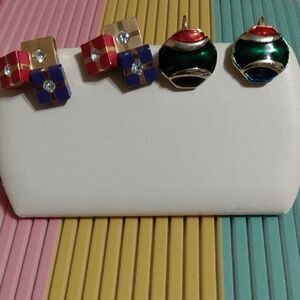 Vtg Jewel Toned Presents And Ornaments Pierced Xmas Earrings Lot Of 2